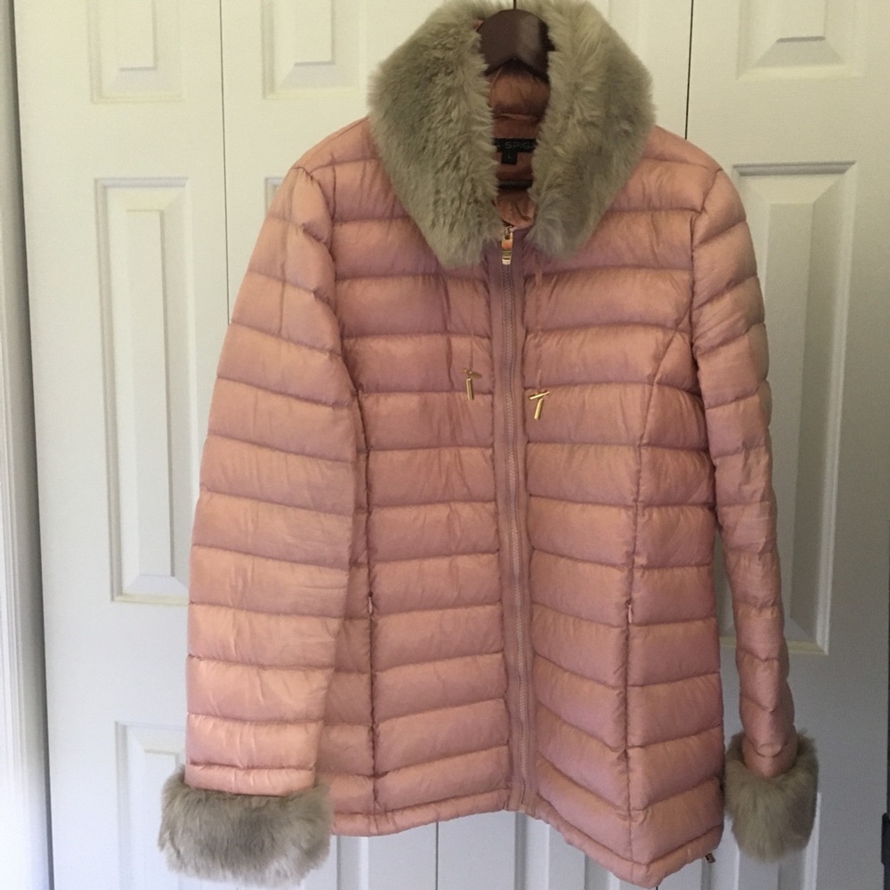 Via Spiga Down Jacket Mauve Faux Fur Trim